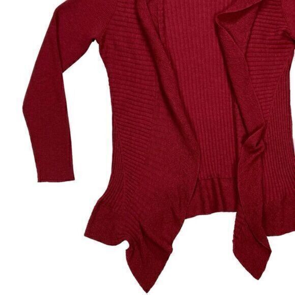 Eileen Fisher Wool Cardigan Sweater Womens Medium Burgundy Open Front Ruffle Hem - Picture 3 of 16